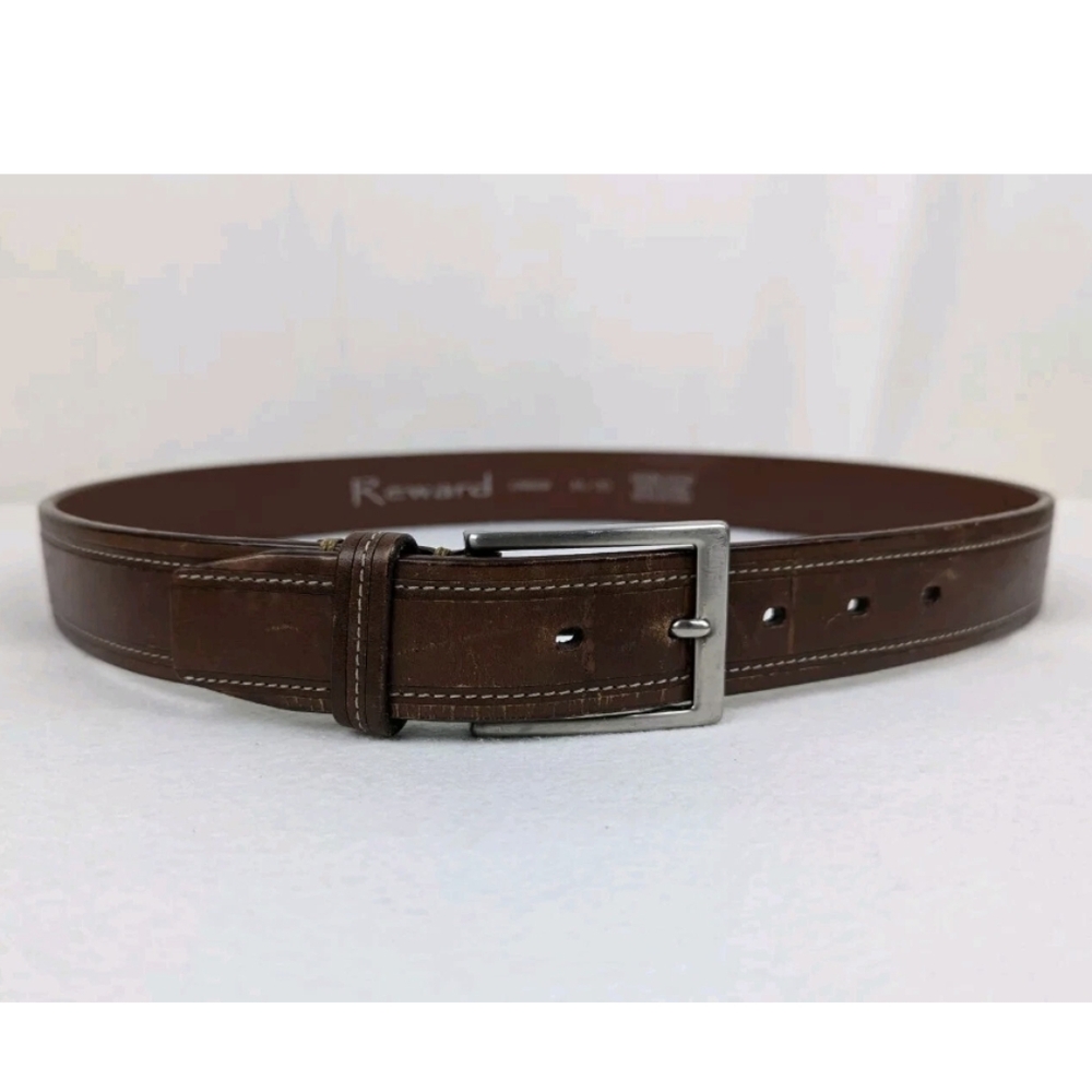 Reward Belt Mens 34/85 Brown Genuine Leather Silver Buckle
